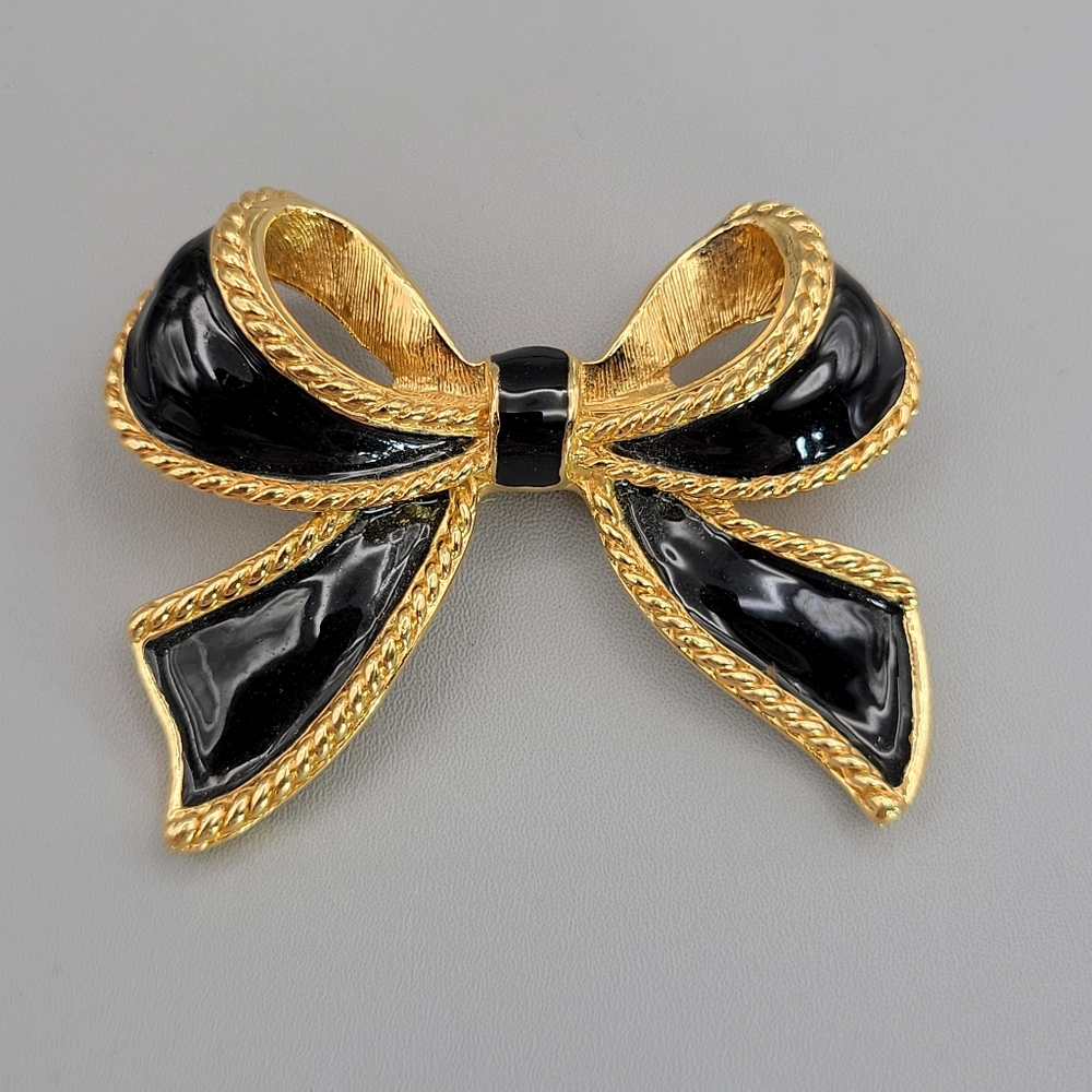 Vintage Kenneth J Lane For Avon Gold Black Enamel Bow Necklace Enhancer Slide